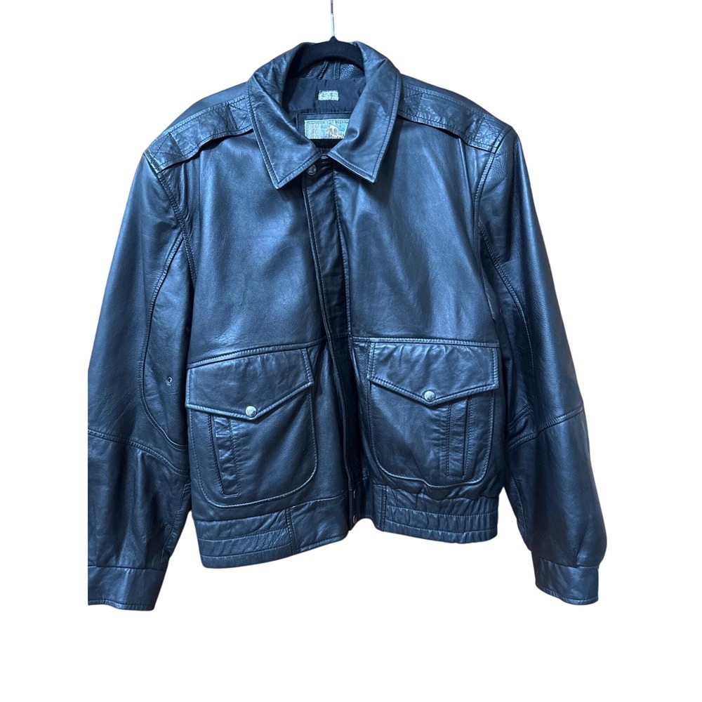 Gino Leathers Vintage Pilot Bomber Jacket Black Genuine Leather Mens Large India